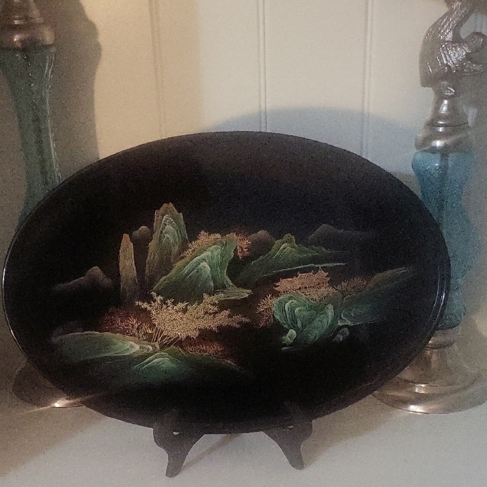 Black Lacquer Asian Motif Style Tray